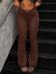 Women's Casual Pocketed Mid-Waist Skinny Flare Jeans - Café integral - Ver 6
