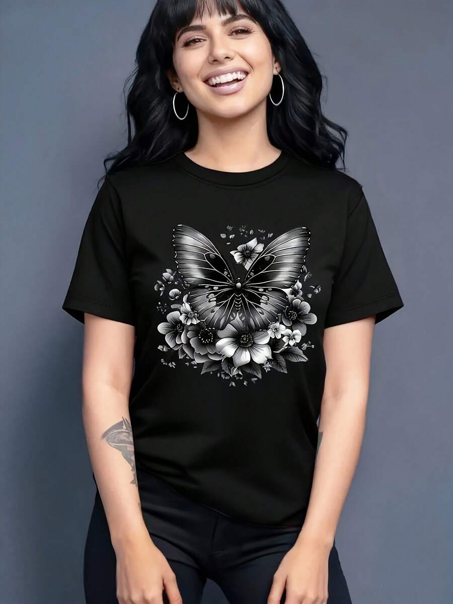 Blusa de Manga Corta para Mujer con Cuello Redondo - Estampado de Mariposas y Flores, Top Casual Dulce y Elegante, Camiseta Ideal para Fiestas de Cumpleaños, Viajes y Vacaciones, Lavable a Máquina, Ropa de Mujer para Todo el Año, Regalo Perfecto