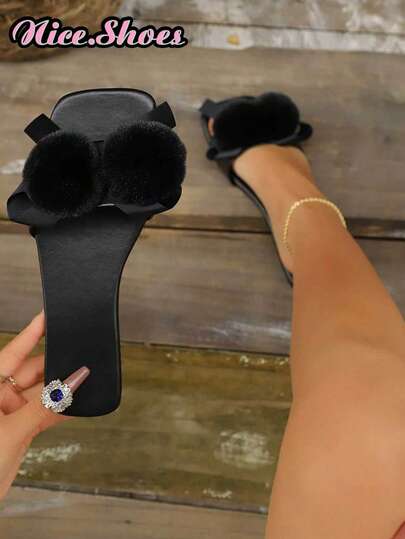 Summer New Fuzzy Decor Square Toe Strap Flat Sandals, Suitable For Beach, Vacation, Daily Commute, Sweet Casual Style, Black Slides