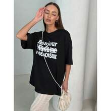 Camiseta de manga corta de algodón puro para el verano 2025, de diseño chique de nicho, de gran tamaño, con estampado de letras elaborado y elegante, a la moda. - Negro - Ver 2