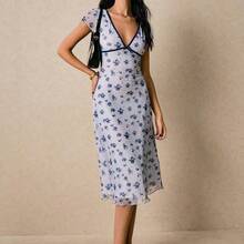 Women's Contrast Trim Cap Sleeve Fitted Midi Dress, Elegant Summer - Azul - Ver 7
