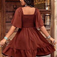 Bohemian Nomadic Style Placement Embroidery Square Neck Big Ruffle Sleeve Women Short Dress Elegant Summer - Negro - Ver 4