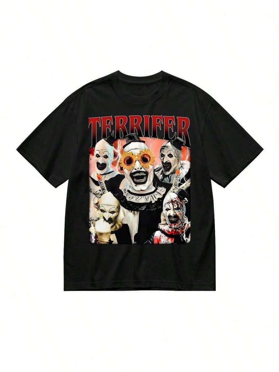 Camiseta de algodón de verano, camiseta gráfica Terrifer para hombres - camiseta de manga corta de inspiración vintage con impresión TERRIFER en negrita y diseño de personaje único, cuello redondo casual, lavable aáquina, negra, tallas para adultos, TALLA, diseño transpirable y de secado rápido - Negro - Ver 1