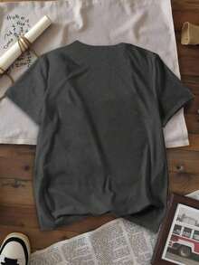 Camiseta gráfica de manga corta, de corte slim, con estampado floral casual para mujer - Gris Oscuro - Ver 2