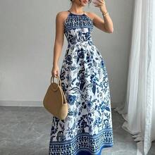 Women's Elegant Fashion Charming Beach Resort Casual Vacation Sleeveless Halter Waist Cinched Floral Print Maxi Dress (Random Floral Print) - Azul y blanco - Ver 2