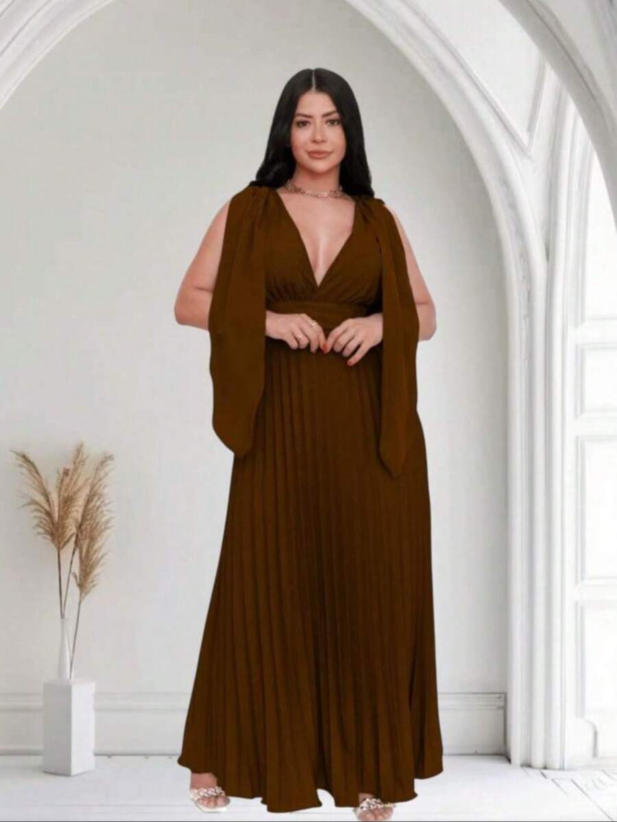 Long Pleated Party Dress - Óxido marrón - Ver 1