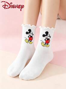 Disney 1/3/6双装迪士尼米奇米妮卡通可爱印花荷叶边中筒袜，时尚舒适百搭男女通用休闲袜，适合所有季节 - 彩色 - 查看 3