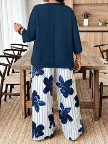 Conjunto de camisa de unicolor y pantalones con estampado floral para vacaciones - Multicolor 5 - Ver 2