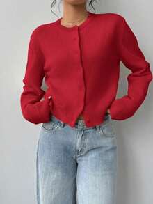 Cárdigan de mujer de manga larga, cuello redondo, suelto y corto, de unicolor, cómodo y acogedor, ideal para el uso diario, en color amarillo mantequilla para otoño/invierno - Rojo - Ver 4