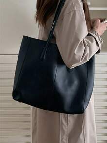 大容量單肩/托特包，適合通勤與上學，附贈母嬰包，商務休閒女款包，完美適用於辦公室、商務與工作 - 黑色 - 查看 2