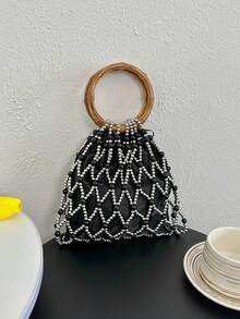 Nueva bolsa de mano tejida a mano con asa circular, cordón con cuentas, adecuada para vacaciones y playa - Multicolor - Ver 4