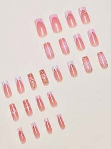 24 piezas Juego de uñas postizas elegantes francesas de flores 3D con ondas de acrílico, incluye 1 esmalte de gel y 1 lima de uñas, adecuado para mujeres y niñas, citas, fiestas, uso diario - Multicolor - Ver 2
