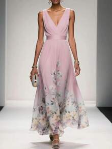 Vestido de fiesta elegante cuello V sin mangas estilo europeo para mujer - Rosa - Ver 3