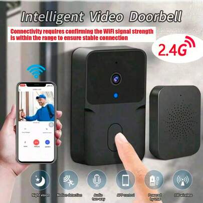 2.4GHz WiFi Smart Wireless Video Doorbell Camera With Night Vision, Rechargeable Lithium Battery, Remote Control Via App, Self-Adhesive Installation, Not Waterproof - Battery Powered
