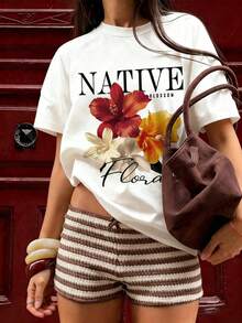 Camiseta de moda femenina de verano de manga corta camiseta de moda casual al aire libre 'letras y flores' estampado camiseta casual femenina suelta - Blanco - Ver 1