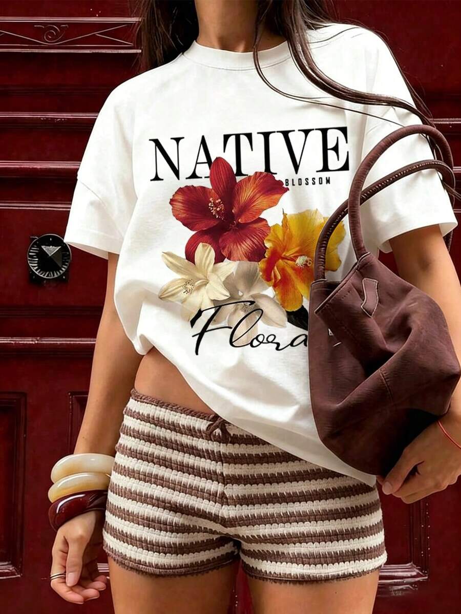 Camiseta de moda femenina de verano de manga corta camiseta de moda casual al aire libre 'letras y flores' estampado camiseta casual femenina suelta - Blanco - Ver 1