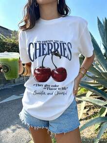 Women's Summer Fashion Short Sleeve T-Shirt Casual Outdoor Fashion T-Shirt 'Letters And Cherries' Print Loose Casual Women's T-Shirt - 白色 - 查看 1