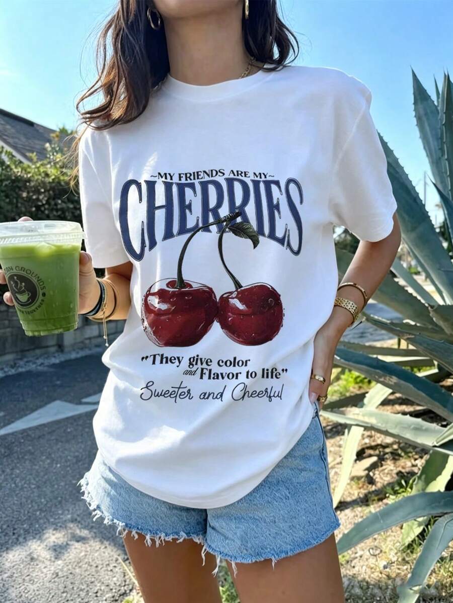Women's Summer Fashion Short Sleeve T-Shirt Casual Outdoor Fashion T-Shirt 'Letters And Cherries' Print Loose Casual Women's T-Shirt - 白色 - 查看 1
