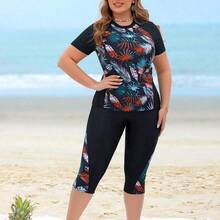 Swim Lushore Plus Size 2pcs Women Leaf Print Patchwork Top And Long Swim Shorts, Black Splicing Round Neck Sleeveless Bikini Set, Beach Vacation For Summer - Multicolor - Ver 6