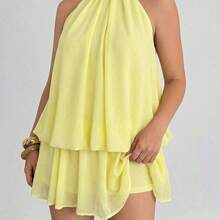 Auralis Elegant Light Yellow Halter Tie Waist Loose Flared Ruffle Hem Plus Size Women Mini Dress, Suitable For Concerts, Performances, Dates, Balls, Valentine's Day, Parties, Sexy & Elegant Romantic, Office Lady, Mermaid Style, Casual Daily, Beach Holiday/Yellow Loose-Fitting Backless Tie-Up Vacation Mini Dress/Mini Dress/Yellow Dress With Lining Wedding Dress For Women - Multicolor - Ver 7