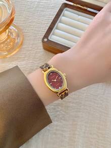 1pc Women's Oval Silver-Black Square Gold-Tone Dial Quartz Casual Watch, Suitable For Daily Wear - Red - View 12