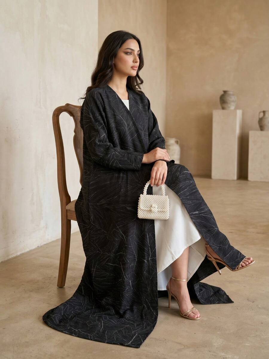 Áo khoác Abaya dài dáng rộng màu xanh nhạt in họa tiết đường kẻ cơ bản, áo cardigan dáng suông tôn dáng, áo choàng mặc hàng ngày thanh lịch và đa năng dành cho phụ nữ. - màu đen - Xem 1