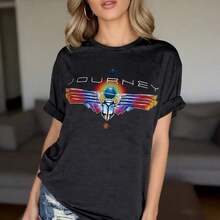 Camiseta con Estampado de Letras, Estilo Casual de Manga Corta y Cuello Redondo, Ropa de Mujer para Primavera y Verano, 1 Pieza, Camiseta de Algodón Puro para Mujer de Talla Grande con Estampado del Logo de la Banda Journey, Corte Holgado y Relajado, Diseño Retro de Música Rock, Camiseta Negra de Manga Corta para Uso Casual, Camiseta Estampada de Manga Corta Casual y Elegante para Mujer, Transpirable, Adecuada para Deportes al Aire Libre, Uso Diario, Regalos de Cumpleaños, Regalos de Navidad, Regalos de Halloween o como Camiseta Conmemorativa para Amigos o Seres Queridos. También Apto Como Suéter, Entrega Rápida - Negro - Ver 2