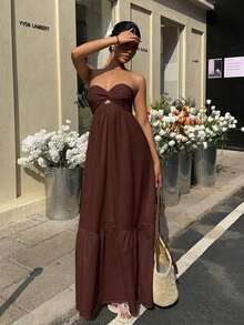 Vestido blanco sin tirantes con estilo bohemio, para primavera/verano - Marrón - Ver 5