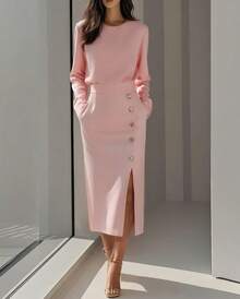 Nuevo 2026 Vestido Mujer Otoño Color Sólido Cuello Redondo Manga Larga Decoración de Botones Con Abertura - Rosa - Ver 1