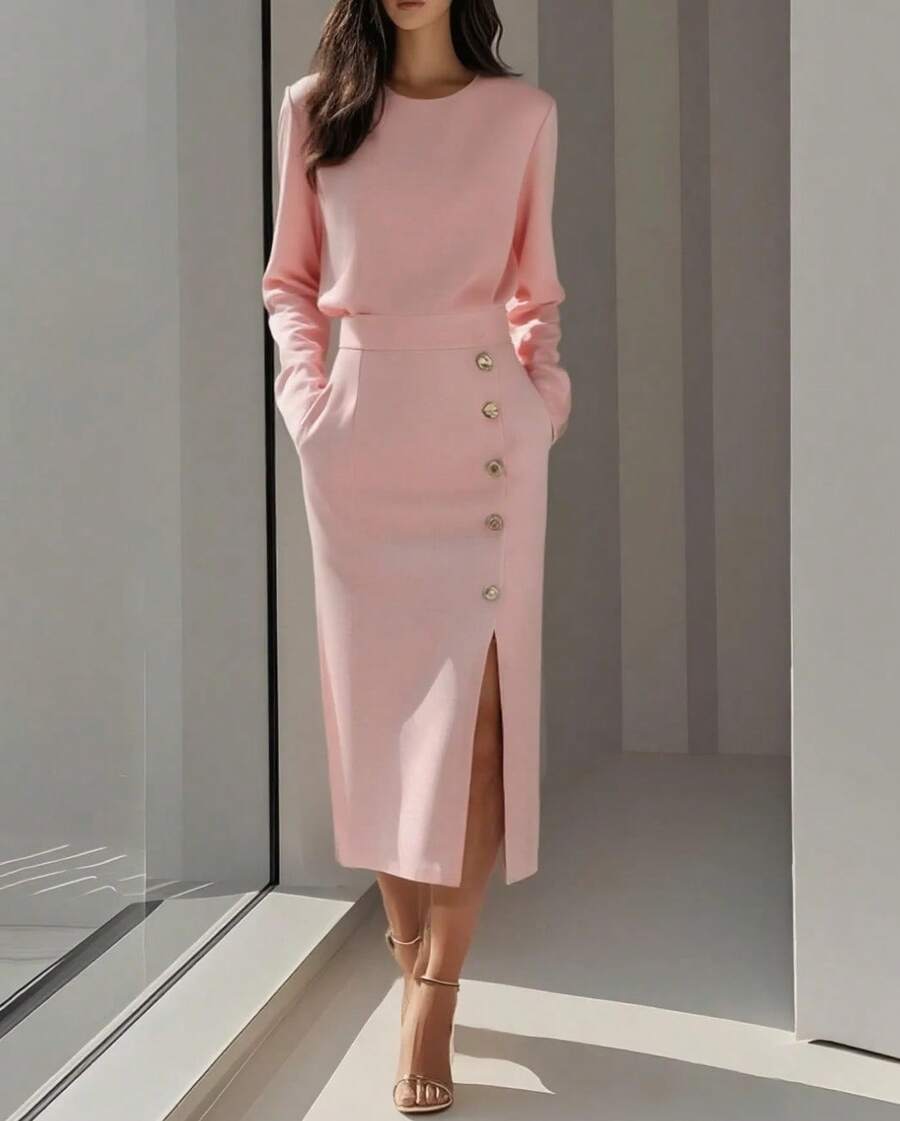 Nuevo 2026 Vestido Mujer Otoño Color Sólido Cuello Redondo Manga Larga Decoración de Botones Con Abertura - Rosa - Ver 1