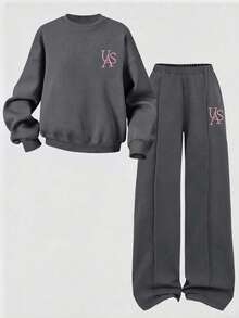 Young Girl Letter Pattern Print Crew Neck Sweatshirt And Sweatpants Casual Set - Dark Grey - View 3