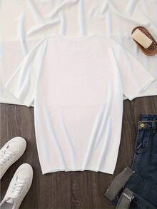 Camiseta Casual de Cuello Redondo para Mujer, Talla Grande, con Estampado de Letras "Si Estoy Silenciosa y Sonriendo, Tal vez Quieras Correr", Manga Corta, Tela Ligeramente Elástica, Perfecta para Primavera y Verano, Top para Todas las Temporadas|Camisa con Estampado Divertido|Material Elástico, Camisetas para Mujer - Blanco - Ver 2