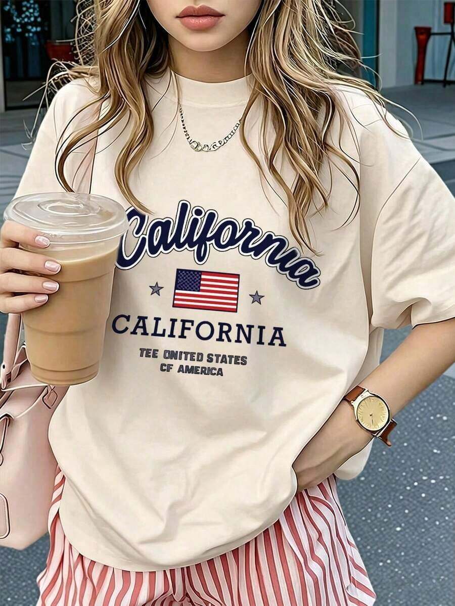 Nueva camiseta de manga corta con cuello redondo para mujer 2026. Hecho de 100% algodón puro con un corte holgado. Estilo casual y versátil combinado con estampados de moda, un elemento esencial del guardarropa. Perfecto para el transporte diario, citas informales y ropa urbana. - Beis - Ver 1