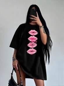 Top de Verano 2026, Estilo Europeo y Americano, Sexy, Dulce y Picante, con Estampado de Labios, Holgado, Versátil y a la Moda - Negro - Ver 1