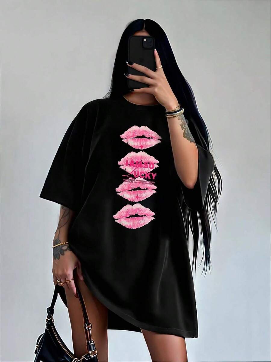 Top de Verano 2026, Estilo Europeo y Americano, Sexy, Dulce y Picante, con Estampado de Labios, Holgado, Versátil y a la Moda - Negro - Ver 1