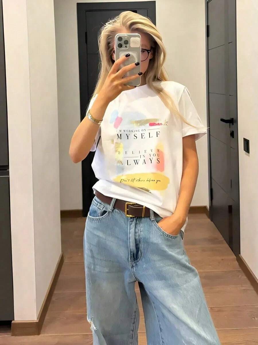Top de Verano 2026 de Estilo Europeo y Americano, Versátil, Estilizador, Fresco, Casual, Cómodo, Oversize, Moderno y Dulce - Blanco - Ver 1