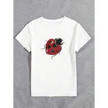 Camiseta de manga corta con cuello redondo para comercio exterior transfronterizo europeo y americano, con estampado de corazones y mariquitas, nuevo estilo de verano para mujer. - Negro - Ver 2
