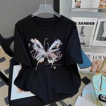 Camiseta blanca de algodón puro de manga corta para mujer, estilo popular de verano 2024, holgada y estilizadora, diseño único. - Negro - Ver 12