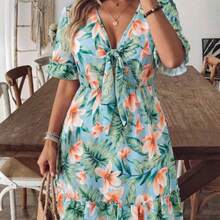 Plus Size Women's Plant And Floral Print Front Tie Dress, Suitable For Summer - Verde - Ver 1