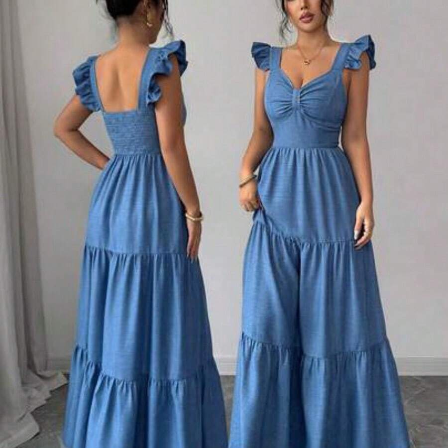 Elenzya Vestido largo de unicolor para mujer, vestido largo estilizante con cintura elástica y parches, elegante y de moda para uso diario, cenas y citas, primavera/verano - Azul - Ver 1