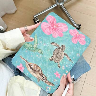 1pc 360° Rotating PU Leather Tablet Case With Pen Slot, Auto Sleep/Wake, Suitable For Samsung/Apple/Honor/ And Other Popular Models, Turtle And Floral Patterns, Suitable For Back To School, Valentine's Day, Holiday Gifts