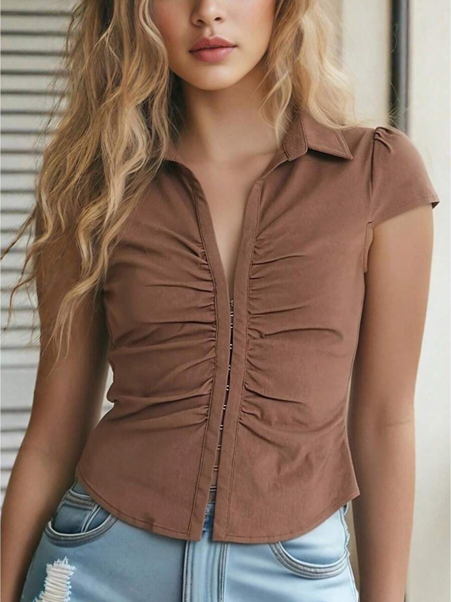 Women's 2026 Solid Ruched Button-Up Blouse Casual Everyday Short Sleeve Collared Work Shirt - Marrón oscuro - Ver 1