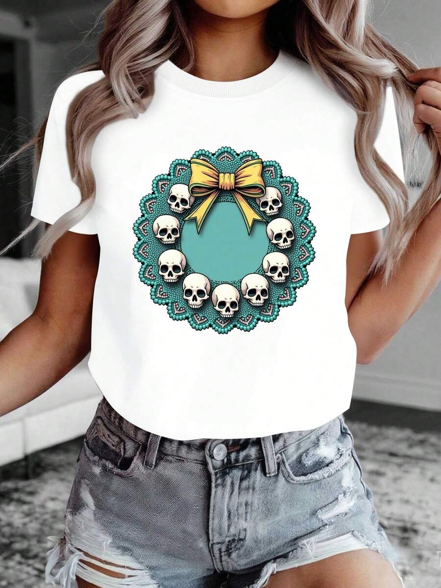 Camiseta Góticurara Mujer con Ence de Calavera y Lazo Atrevido - uste Casual para Todas las Estaciones, Lavable a Máquina, I para Capas o Looks Diarios