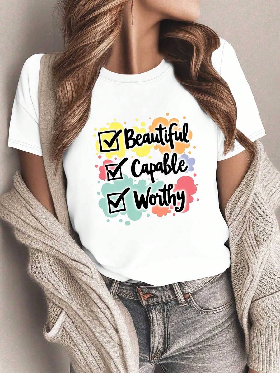 T-shirt de mujer "checkbox Motivation" Pure Comfortable | Estampado geom￩trico, estilo casual, para usar en todas las estaciones