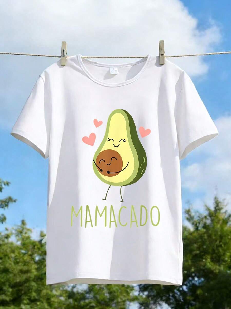 Women's Single-Piece T-Shirt With Round Neck And Print, Mother's Day Limited Edition With Avocado Print, Cute Mother Pattern Round Neck T-Shirt, Stylish And Functional, Suitable For Matching Outfits. New Summer Clothes, Everyday Casual Wear. Clothing - 白色 - 查看 1