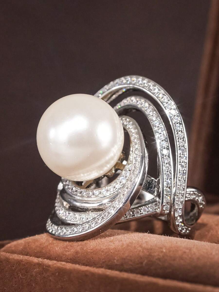 1pc Luxurious Cubic Zirconia & Faux Pearl Ring, Suitable For Women, Ideal For Weddings, Engagements, Anniversary Parties, Valentine's Day Gifts - 3# - View 1