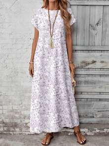 YHHEMERY ROSE Vestido largo de mujer estilo bohemio con estampado, cuello redondo, manga corta tipo murciélago, bajo acampanado, informal y multicolorYHH - Morado - Ver 1