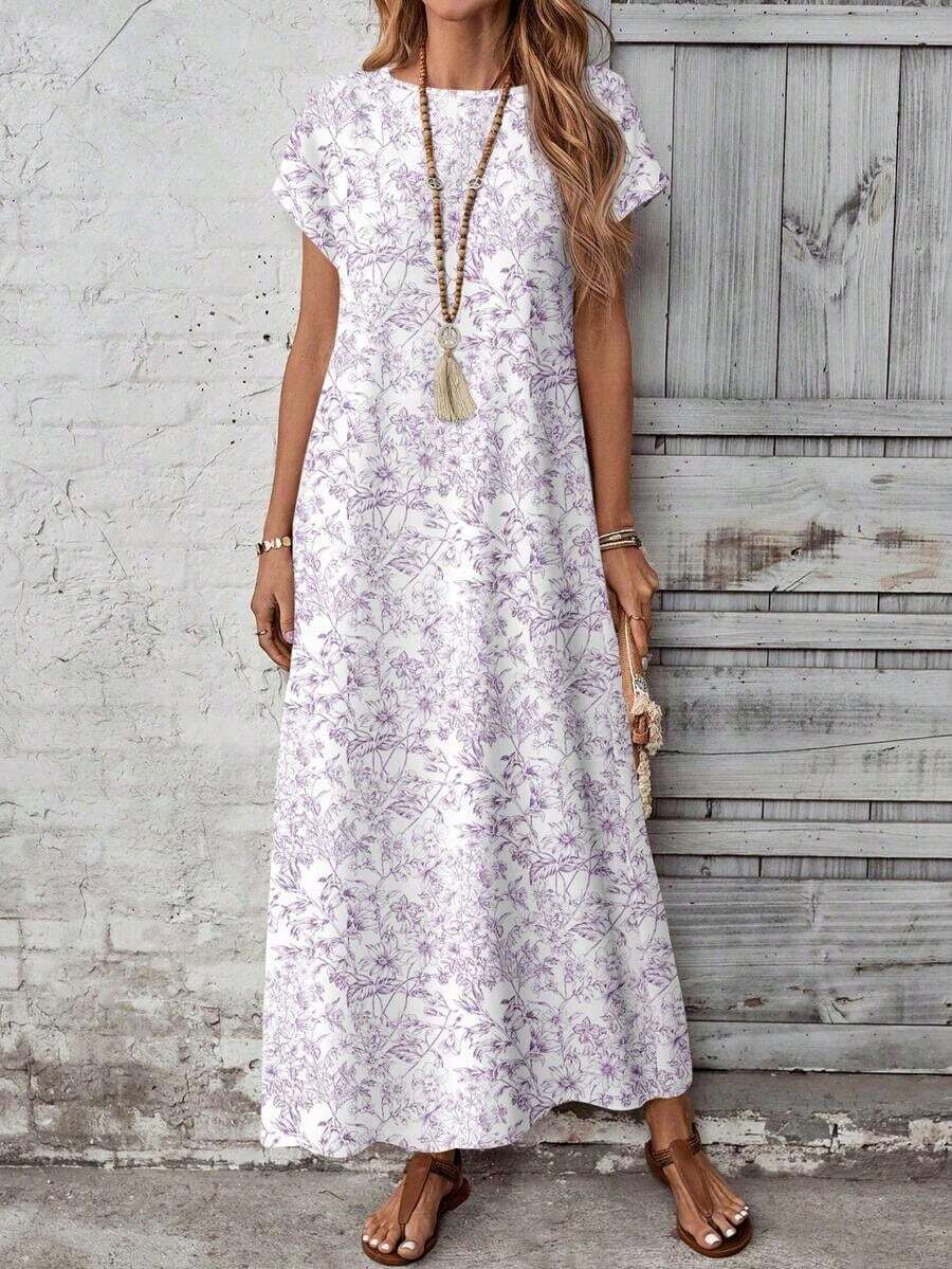 YHHEMERY ROSE Vestido largo de mujer estilo bohemio con estampado, cuello redondo, manga corta tipo murciélago, bajo acampanado, informal y multicolorYHH - Morado - Ver 1