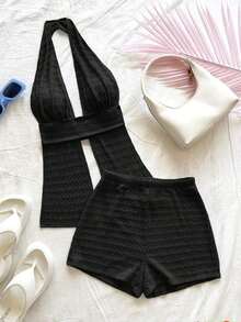 Conjunto de 2 piezas de top halter y shorts de moda para mujer de vacaciones - Negro - Ver 5