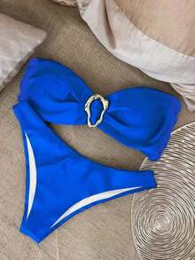 Nuevo conjunto de bikini negro sólido, sexy, elegante, casual, para playa, vacaciones y citas, sin tirantes, para primavera/verano - azul real - Ver 1